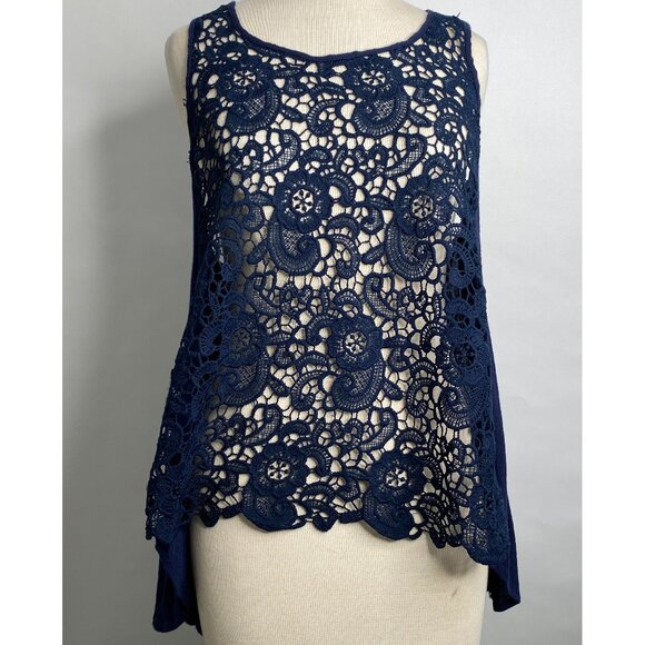 Tunic Top Shabby Chic Cottagecore Crochet Sleeveless Boho  in Navy Medium - Picture 3 of 15